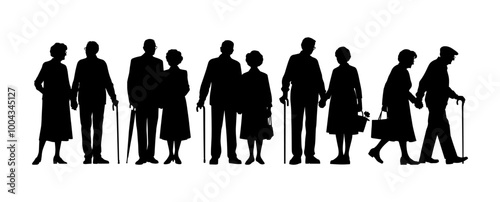 Vector illustration. An elderly couple of pensioners. A large set of people.	