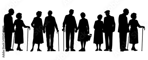 Vector illustration. An elderly couple of pensioners. A large set of people.	