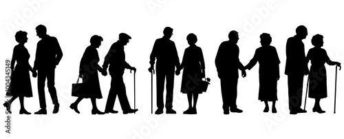 Vector illustration. An elderly couple of pensioners. A large set of people.	