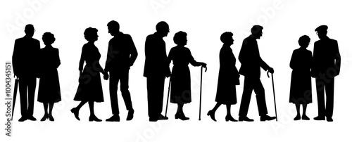 Vector illustration. An elderly couple of pensioners. A large set of people.	
