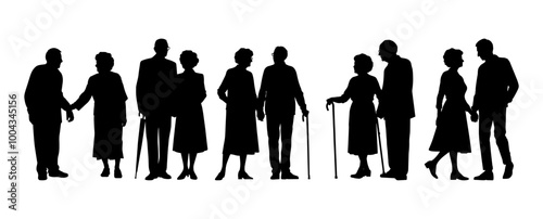 Vector illustration. An elderly couple of pensioners. A large set of people. 