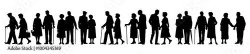 Vector illustration. An elderly couple of pensioners. A large set of people.	