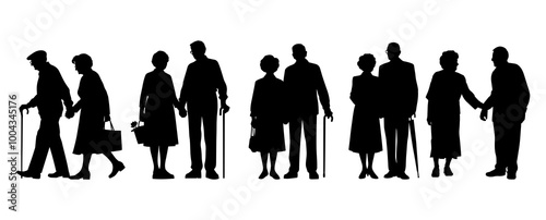 Vector illustration. An elderly couple of pensioners. A large set of people.	