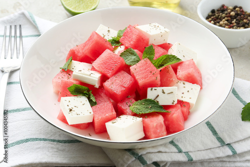 Delicious watermelon salad with mint and feta cheese in bowl served on table