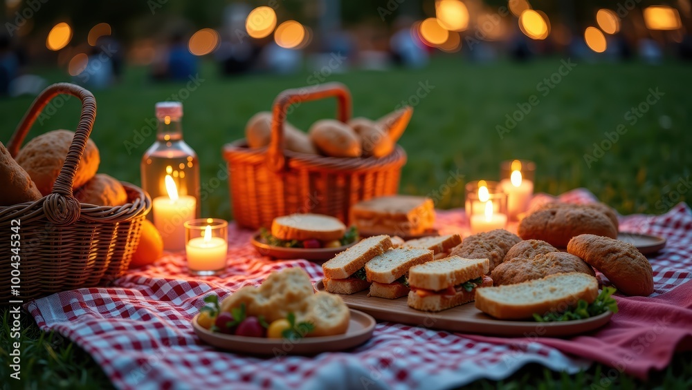 Fototapeta premium Romantic Picnic Basket with Sandwiches and Candles in a Park at Sunset