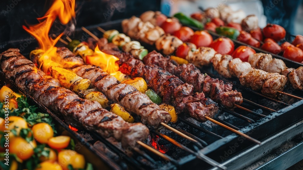 Close-up of Barbecue Skewers on the Grill with Flames, Street Market in Summer Close-up of Barbecue Skewers on the Grill with Flames, Street Market in Summer
