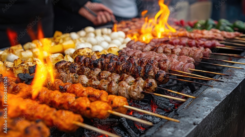 Close-up of Barbecue Skewers on the Grill with Flames, Street Market in Summer Close-up of Barbecue Skewers on the Grill with Flames, Street Market in Summer