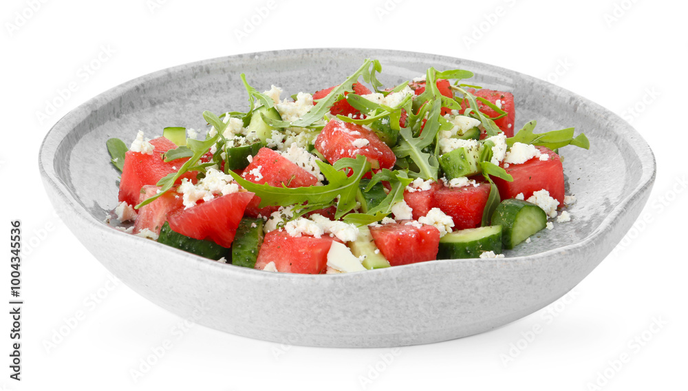 Delicious watermelon salad with feta cheese, cucumber and arugula isolated on white Delicious watermelon salad with feta cheese, cucumber and arugula isolated on white