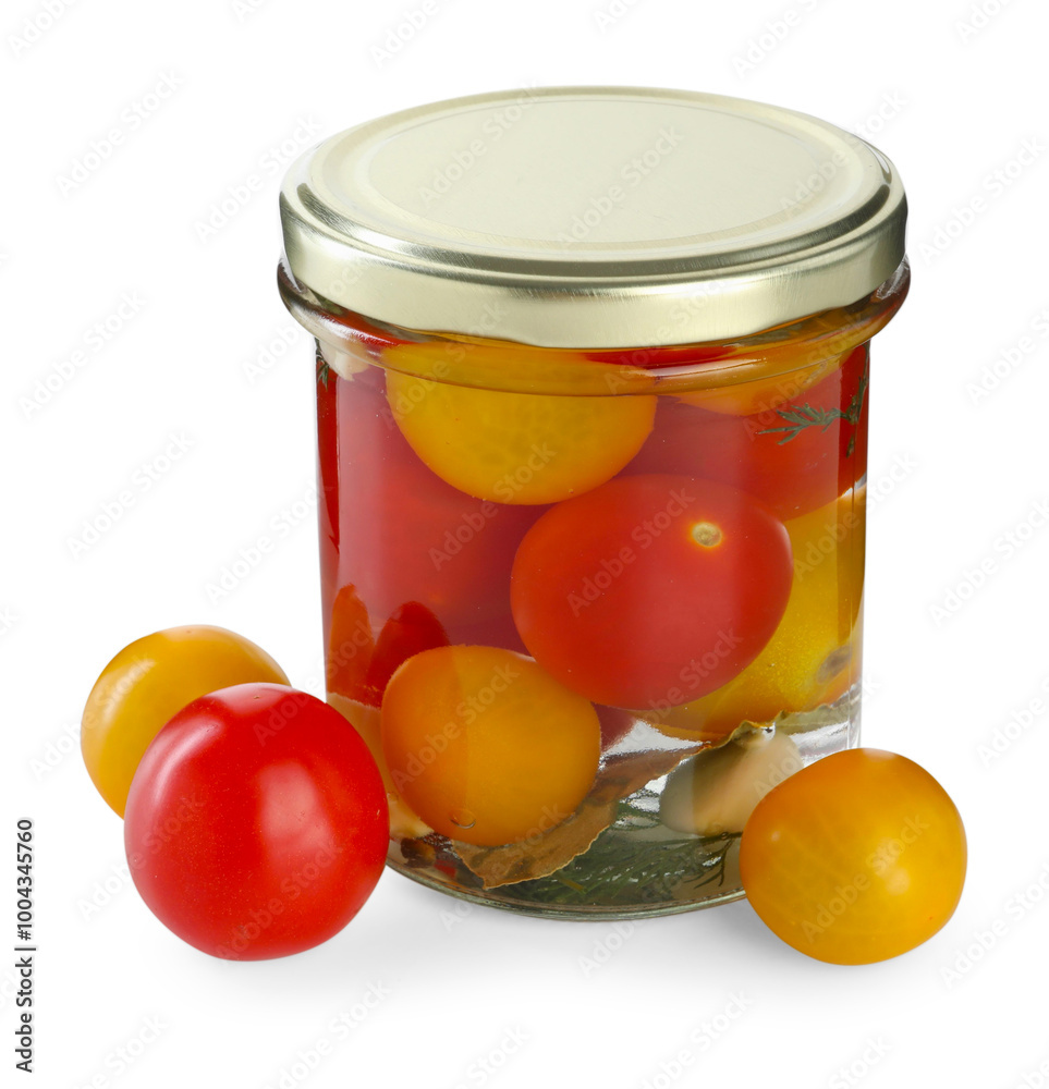 Tasty pickled tomatoes in jar and fresh vegetables isolated on white Tasty pickled tomatoes in jar and fresh vegetables isolated on white