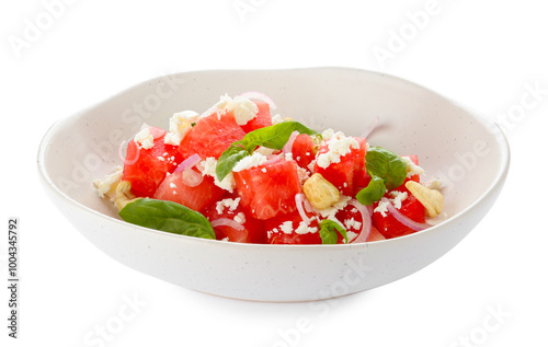 Tasty salad with watermelon, feta cheese and basil isolated on white