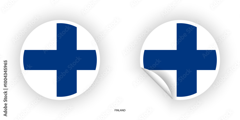 Finland sticker flag icon set in different shape (circle and circular with peel off at the corner) on white background.	
