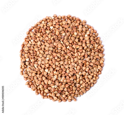 Raw buckwheat isolated on white, top view