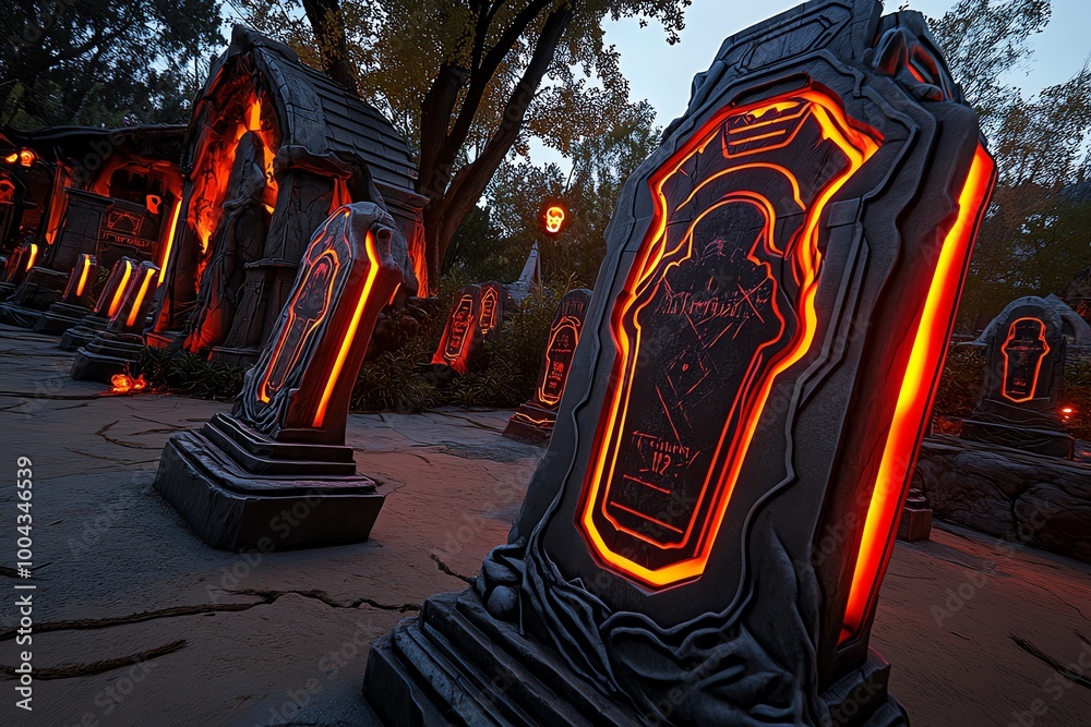 Obraz premium A futuristic haunted graveyard with digital tombstones and glowing projections, creating a high-tech Halloween experience filled with ghostly figures and eerie lighting