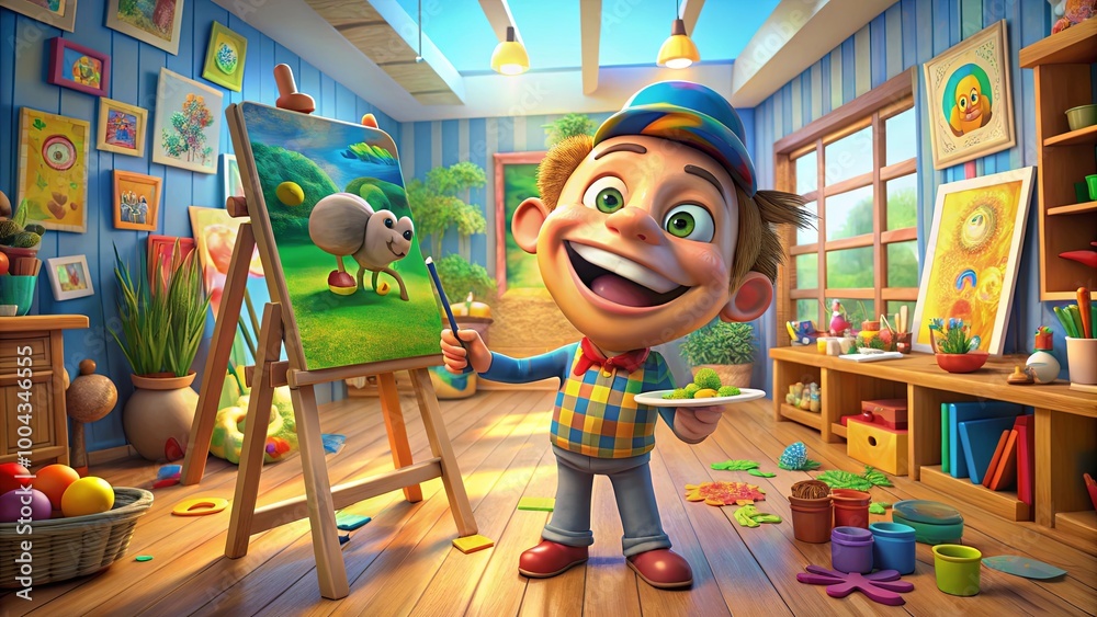 Joyful Cartoon Artist with Paintbrush in Charming Studio Joyful Cartoon Artist with Paintbrush in Charming Studio