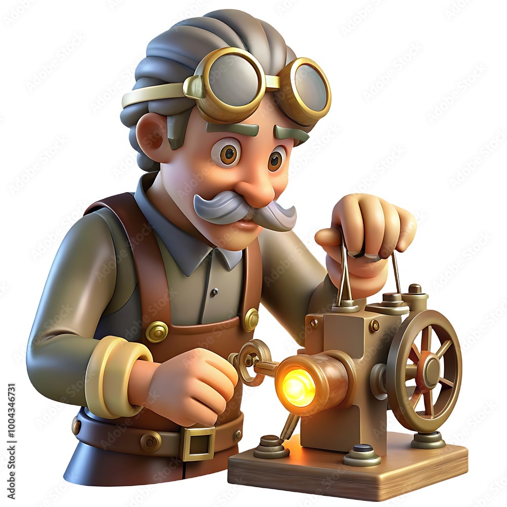 Naklejka premium 3D Character of a Steampunk Inventor Fixing a Mechanical Device