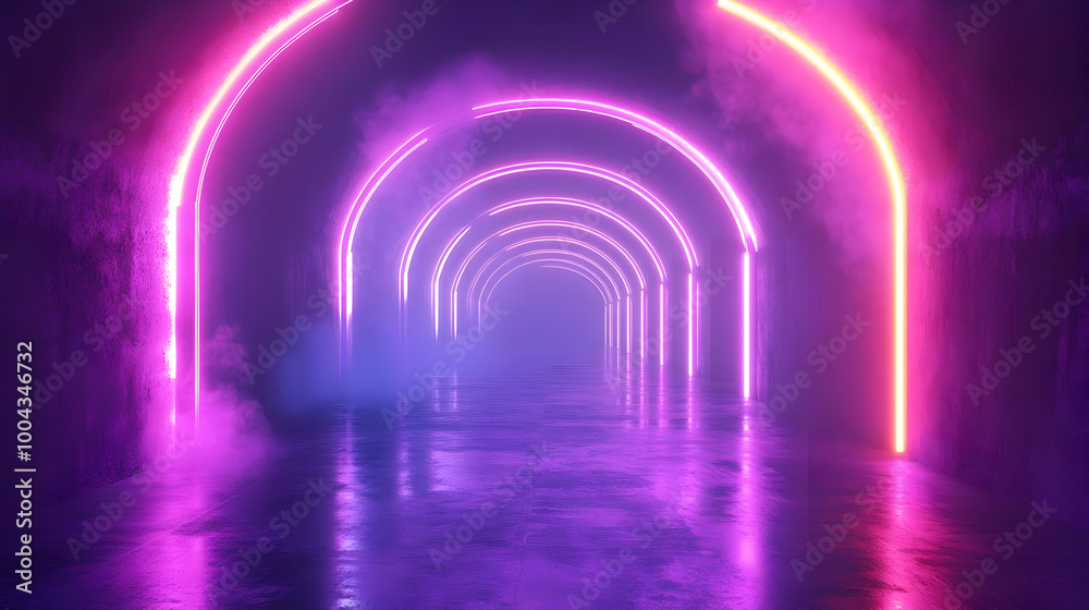 Neon Lights Arched Corridor 3D Illustration