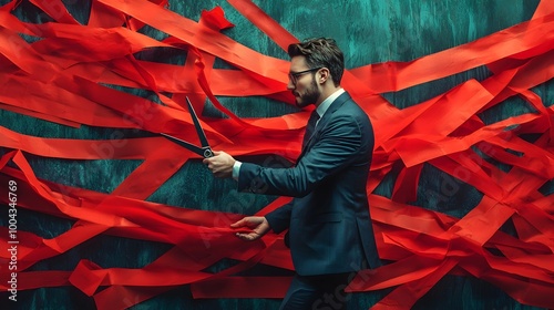 Businessman Cutting Through Red Tape to Free Up Blocked Trade and Bureaucratic Obstacles