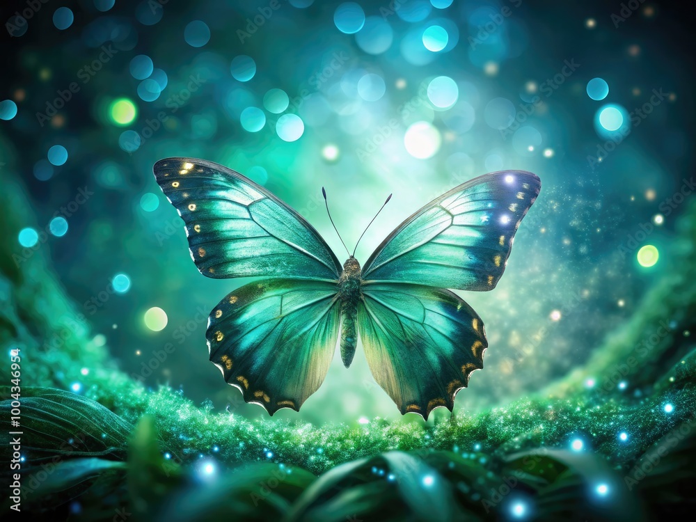 Soul Release Metaphor with Jade Green Butterfly on Radiating Feathered Bokeh Background in Green Blue