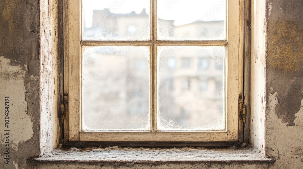 Fototapeta premium A weathered window frame revealing a blurred cityscape beyond.