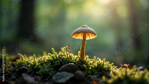 Small Mushroom Growing in a Forest with Sunlight