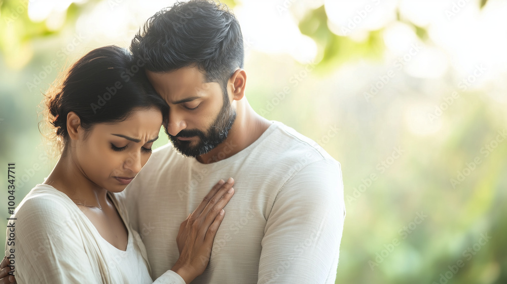A loving Indian husband with a concerned expression, embracing his upset wife, who is looking down in sadness, highlighting relationship struggles. photo