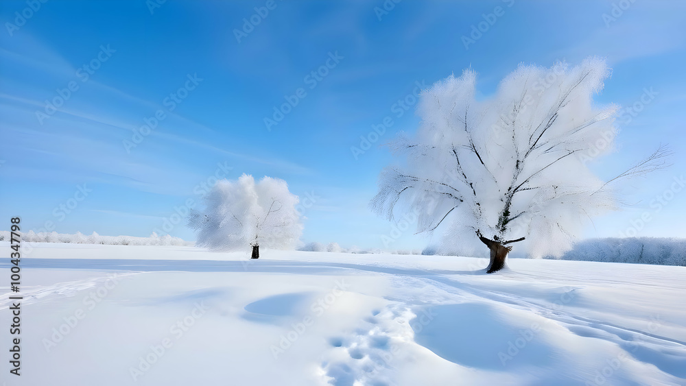 A serene winter landscape with soft, untouched snow covering the ground, bare trees in the background, and a pale blue sky, no people or objects. A serene winter landscape with soft, untouched snow covering the ground, bare trees in the background, and a pale blue sky, no people or objects.