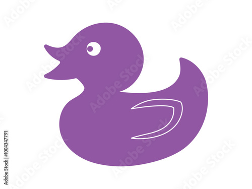 Purple rubber duck isolated on white background. Flat cartoon illustration. Concept of kids' bath toys, cute bird, bright art, duckling. Icon, design element, playful toy for children