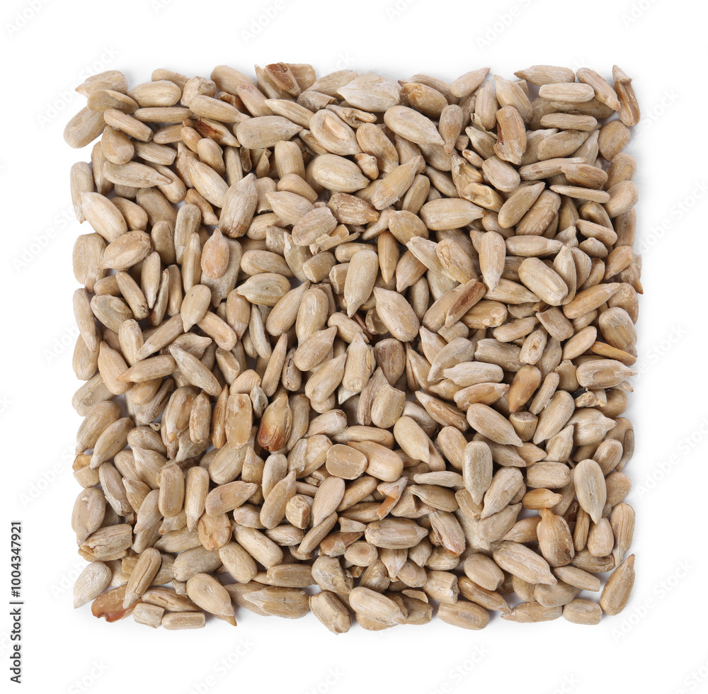Pile of peeled sunflower seeds isolated on white, top view Pile of peeled sunflower seeds isolated on white, top view