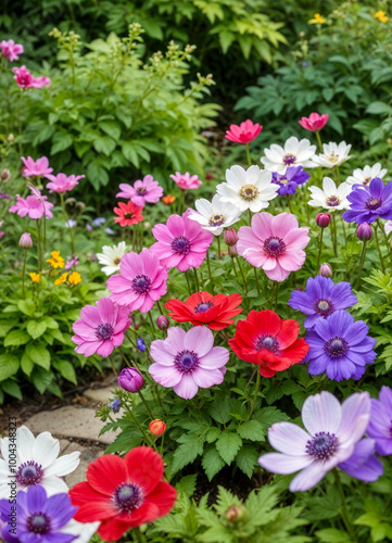 A colorful garden filled with various types of anemone