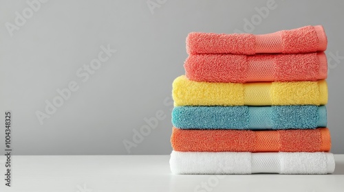 Beautiful Colorful Stack of Towels on White Table with Grey Background