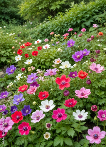 A colorful garden filled with various types of anemone