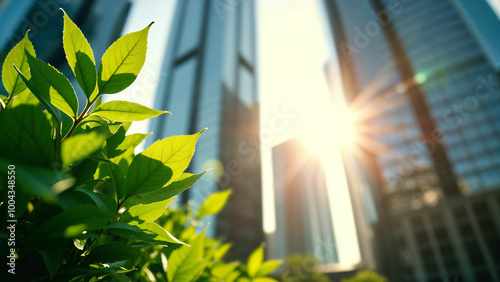 Green Leaves and Urban Skyscrapers in Sunlight