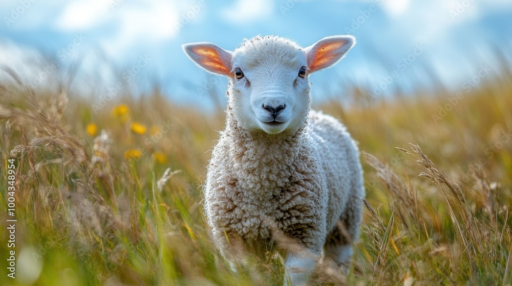 Lambs grazing in a sunny spring meadow Lambs grazing in a sunny spring meadow
