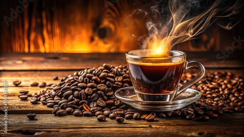 Steaming espresso in a glass cup with coffee beans on a rustic wooden table for coffee lovers