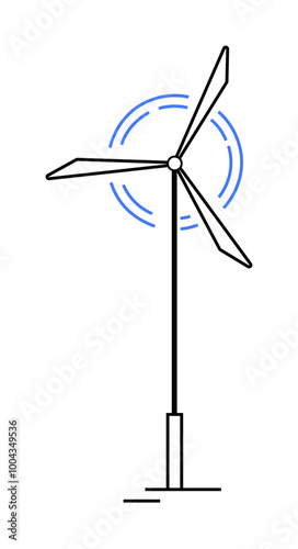 A tall wind turbine with three blades on a simple stand, with blue motion lines indicating rotation. Ideal for renewable energy, green technology, sustainability, environmental conservation, and clean