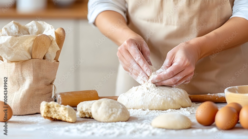 Hands Kneading Dough With Flour and Eggs on Rustic Kitchen Counter Hands Kneading Dough With Flour and Eggs on Rustic Kitchen Counter