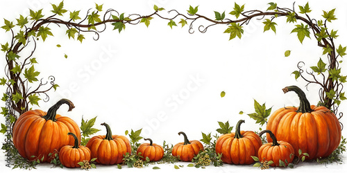 Banner with hand painted pumpkin decorative border with rich texture and detail isolated on clean white background.