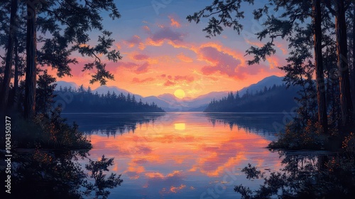 tranquil lake reflecting pastel hues of a sunset framed by silhouetted trees creating a serene moment of natures beauty