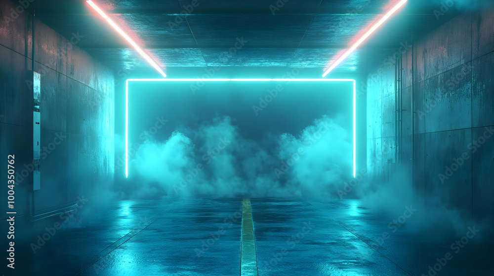 Neon Lights and Smoke in a Concrete Tunnel - 3D Illustration Neon Lights and Smoke in a Concrete Tunnel - 3D Illustration