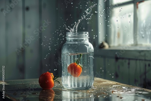Fresh tomatoes splashing into a mason jar filled with water,  ripe tomatoes resting on a rustic wooden surface in a moody lighting setting.