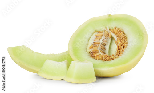 Pieces of fresh ripe honeydew melon isolated on white