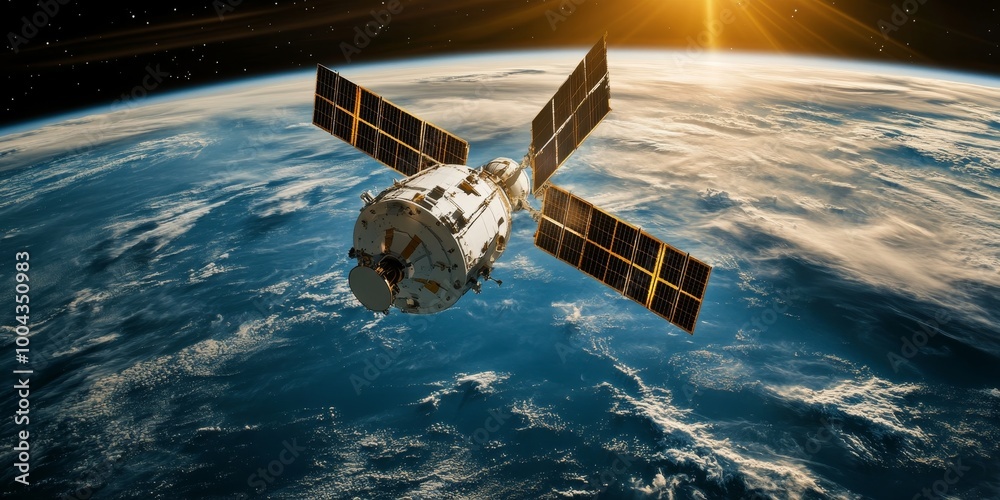 Fototapeta premium Satellite communication in telecommunications, highlighting global data exchanges between satellite networks and ground stations.