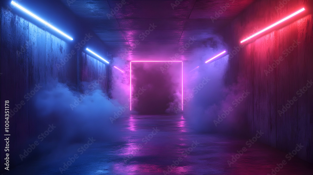 Neon Lights and Fog in a Dark Tunnel 3d Illustration Neon Lights and Fog in a Dark Tunnel 3d Illustration
