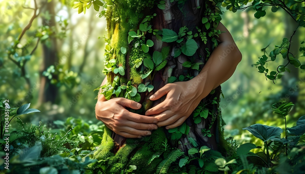 In a harmonious blend of nature , hands cradle and protect the forest