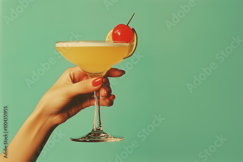 vintage retro female hand holding a cocktail isolated on a plain background, banner/design/web photo