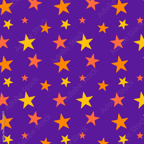 Seamless pattern with stars for Halloween.Colorful shape repeat pattern isolated on purple.Geometric vector graphic abstract background.