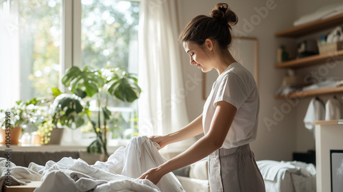 A diligent housekeeper picking up clothes from the floor and organizing the living room, ensuring everything is clean and in order. photo