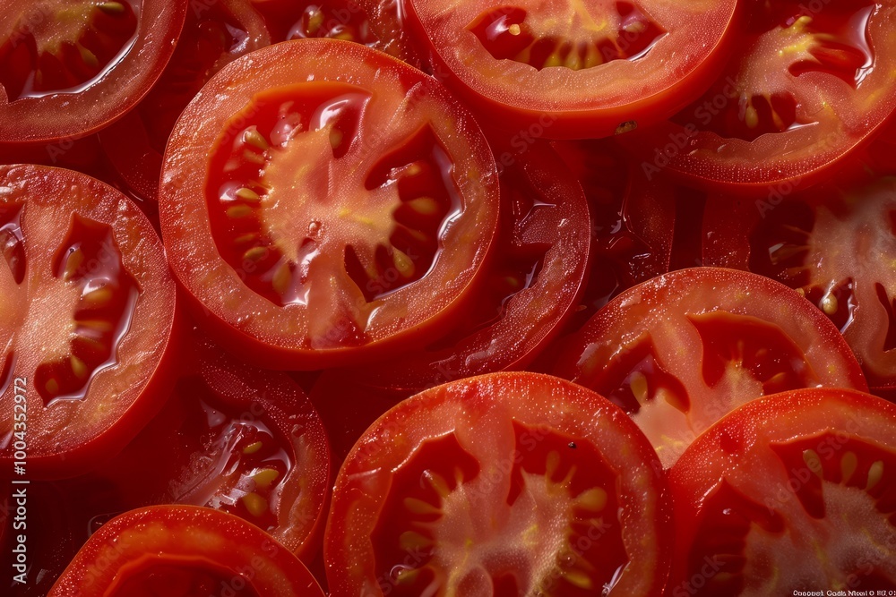Close-up of freshly sliced tomatoes with water droplets highlighting their juiciness and texture. Close-up of freshly sliced tomatoes with water droplets highlighting their juiciness and texture.