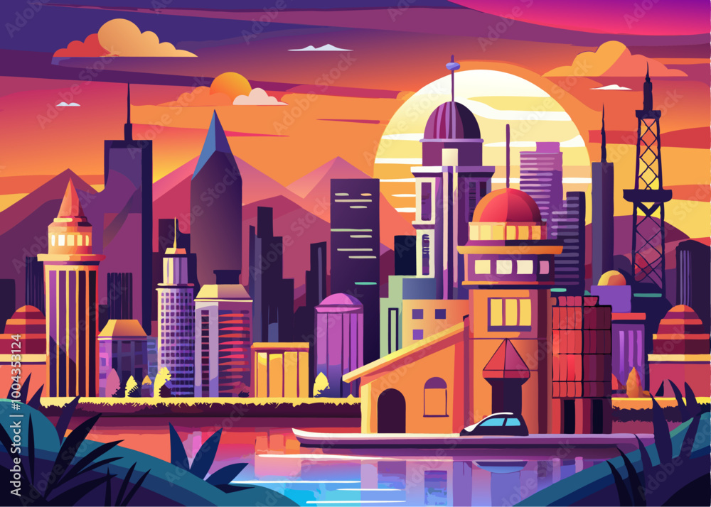 Sunset arabic city. Arab urban building scenery. Evening town, sun and sky. Modern arabian landscape Sunset arabic city. Arab urban building scenery. Evening town, sun and sky. Modern arabian landscape