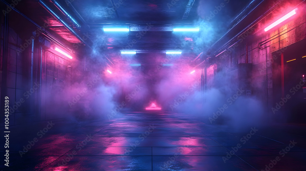 Neon Lights and Smoke in an Empty Hallway - 3D Illustration